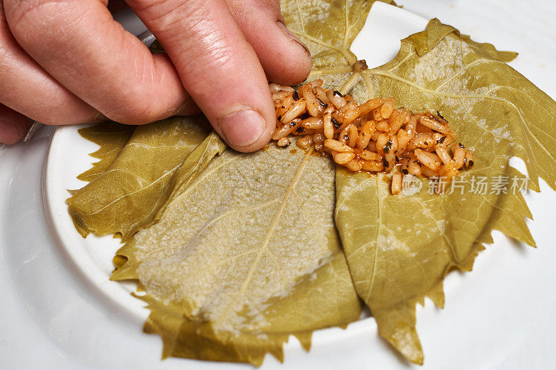 Dolma - Sarma - Dolmades的制作。制作著名的开胃菜米酿葡萄叶